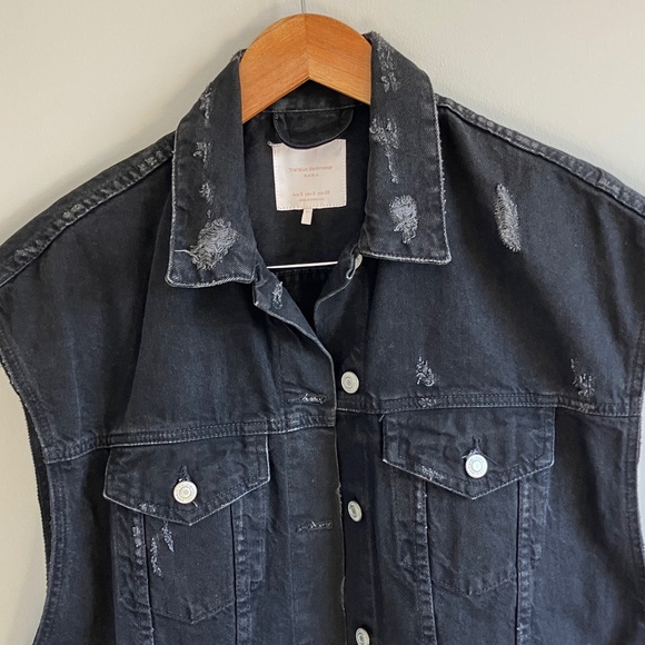 Zara Trafaluc Black Distressed denim vest size small long - Picture 2 of 8